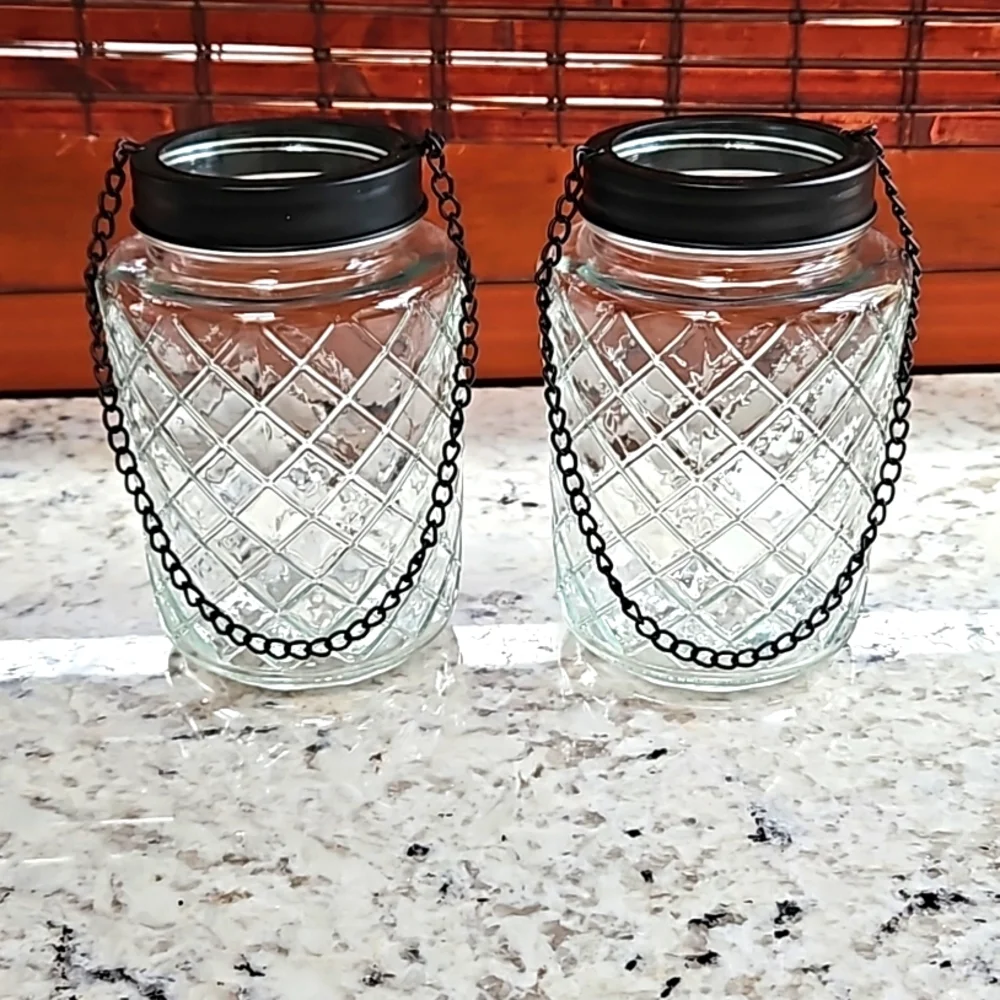 Set of 2 - hanging glass jars